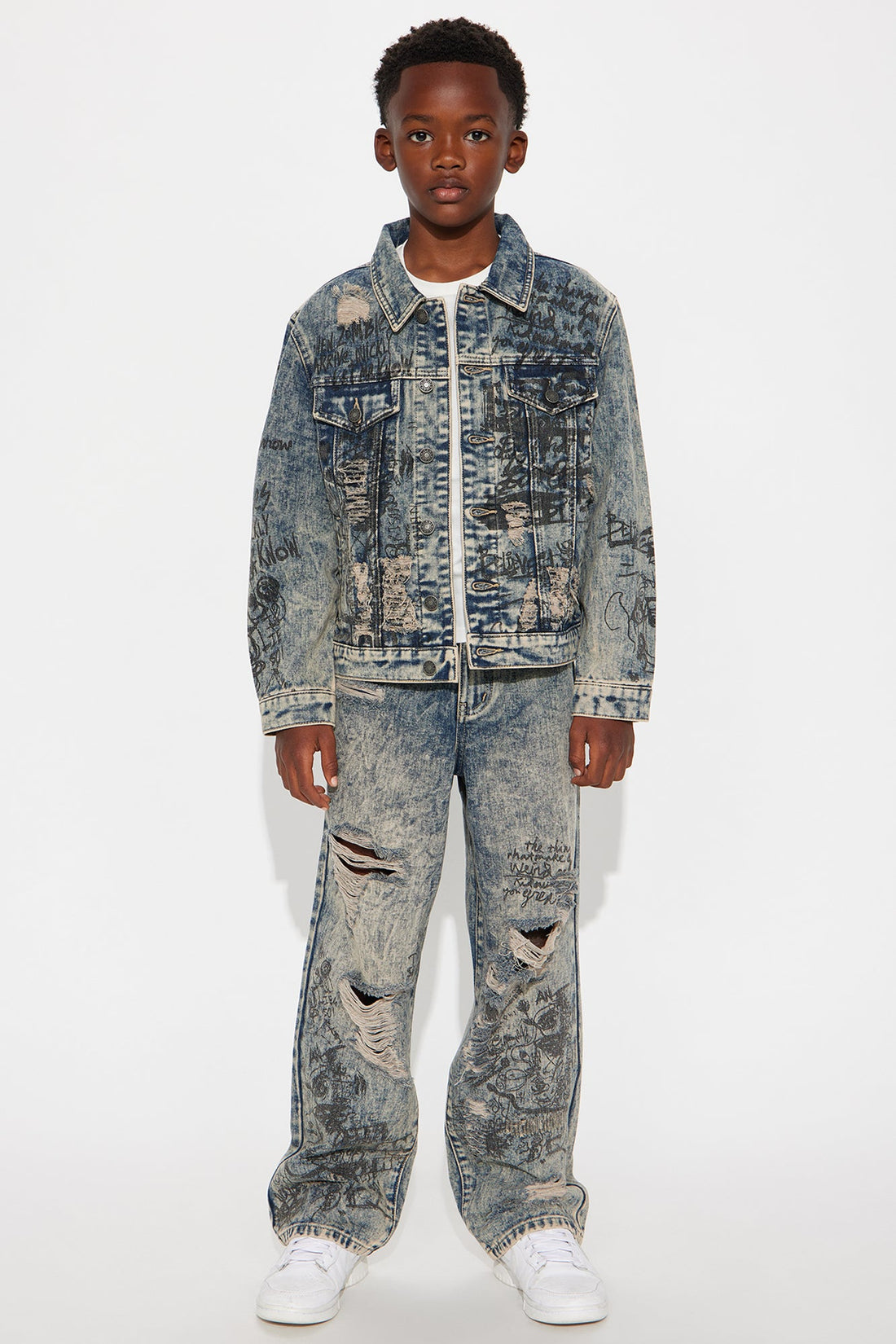 Mini Verbiage Distressed Denim Trucker Jacket - Vintage Blue Wash