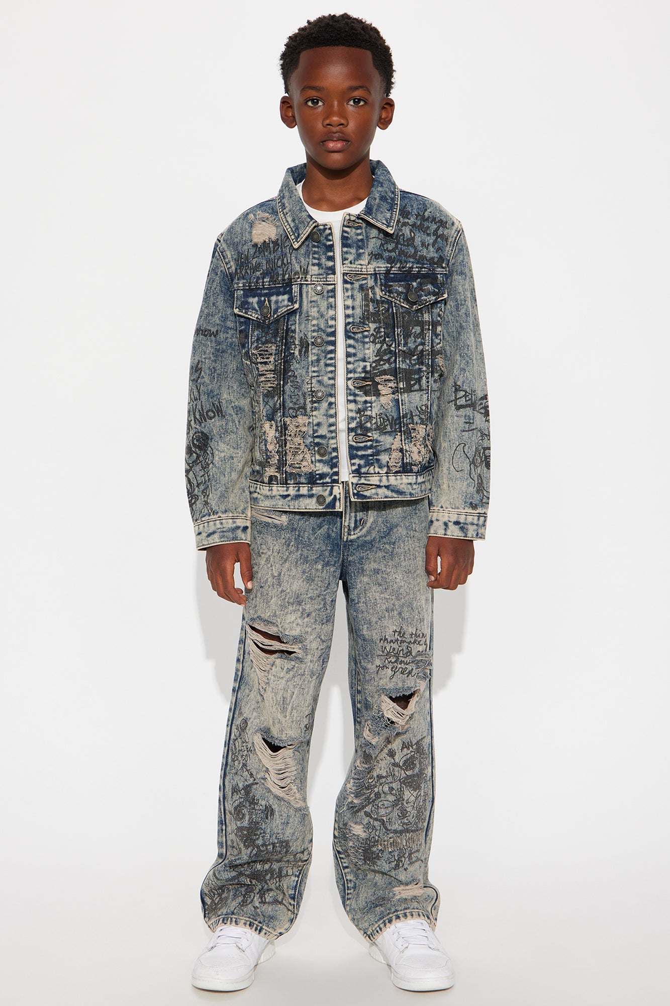 Mini Verbiage Distressed Denim Trucker Jacket - Vintage Blue Wash