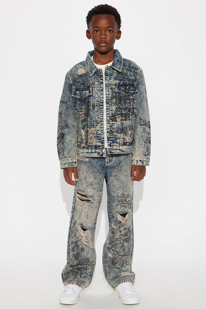 Mini Verbiage Distressed Denim Trucker Jacket - Vintage Blue Wash