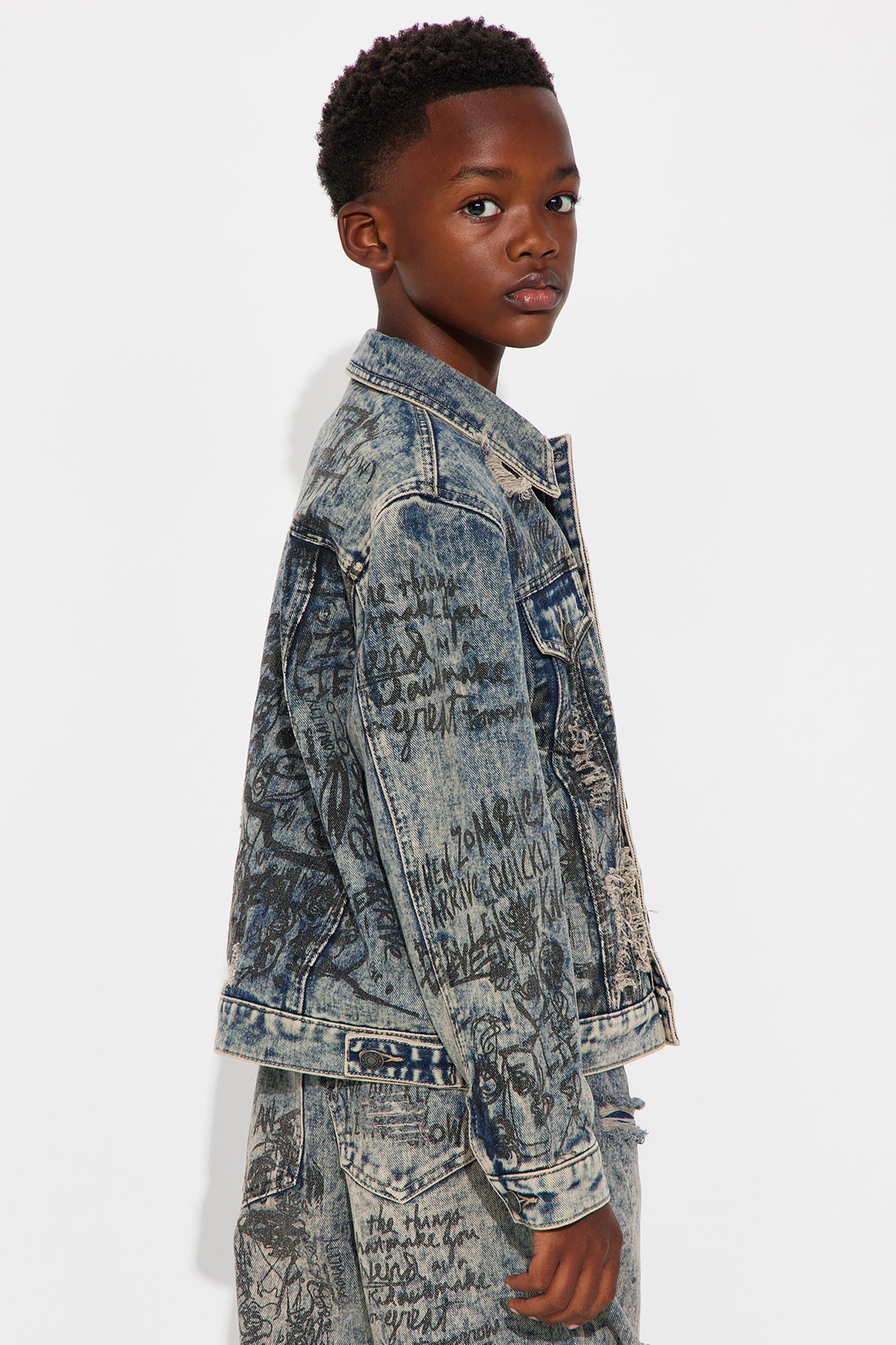 Mini Verbiage Distressed Denim Trucker Jacket - Vintage Blue Wash