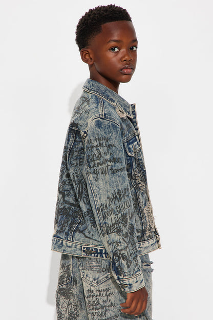 Mini Verbiage Distressed Denim Trucker Jacket - Vintage Blue Wash