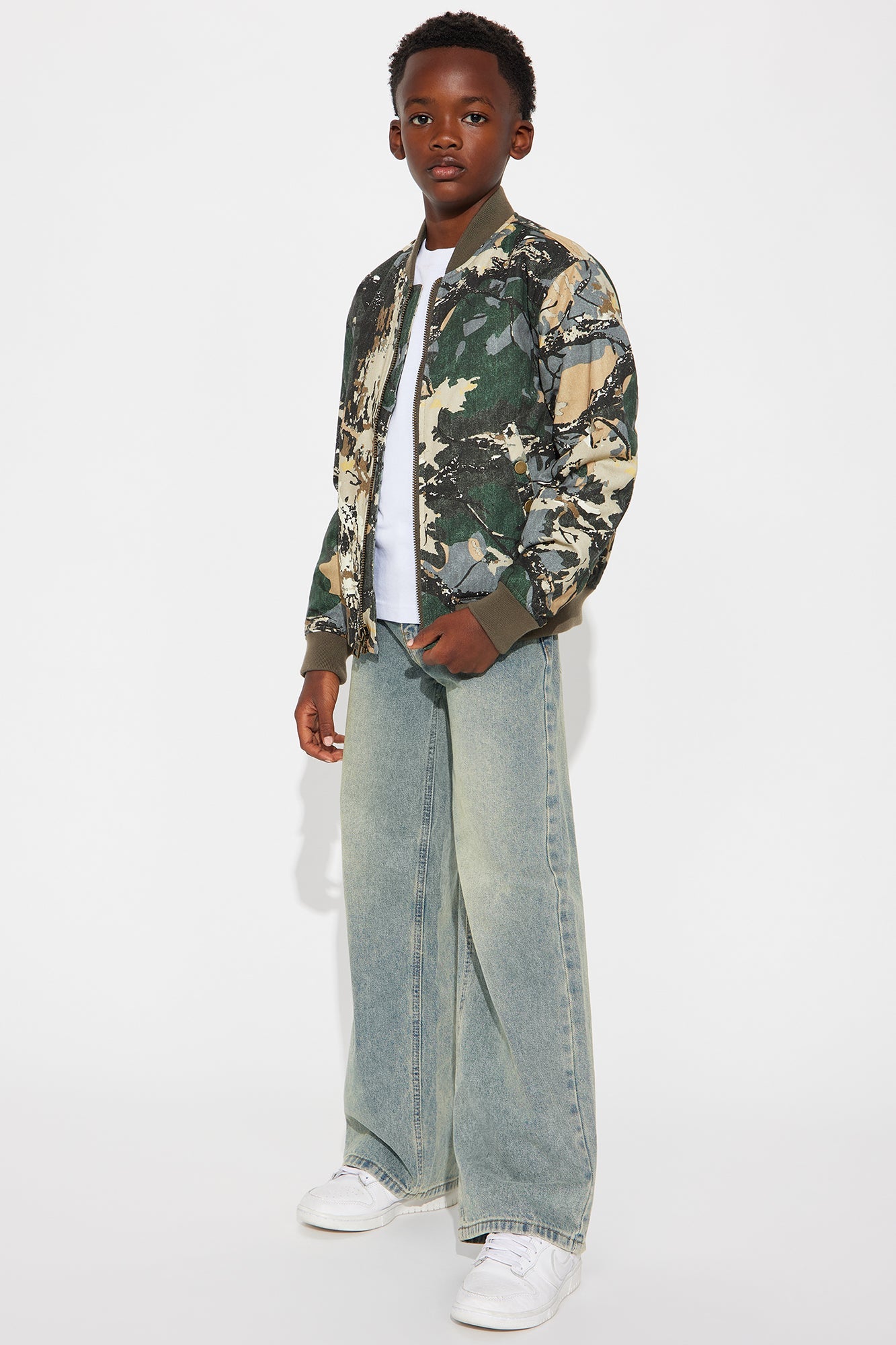 Mini Relaxed Washed Abstract Camo Bomber Jacket - Camouflage