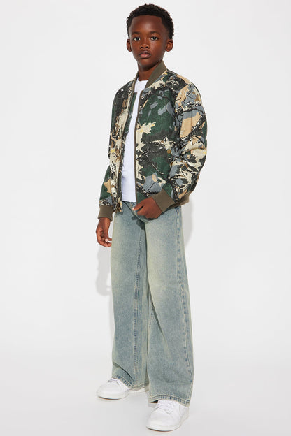 Mini Relaxed Washed Abstract Camo Bomber Jacket - Camouflage