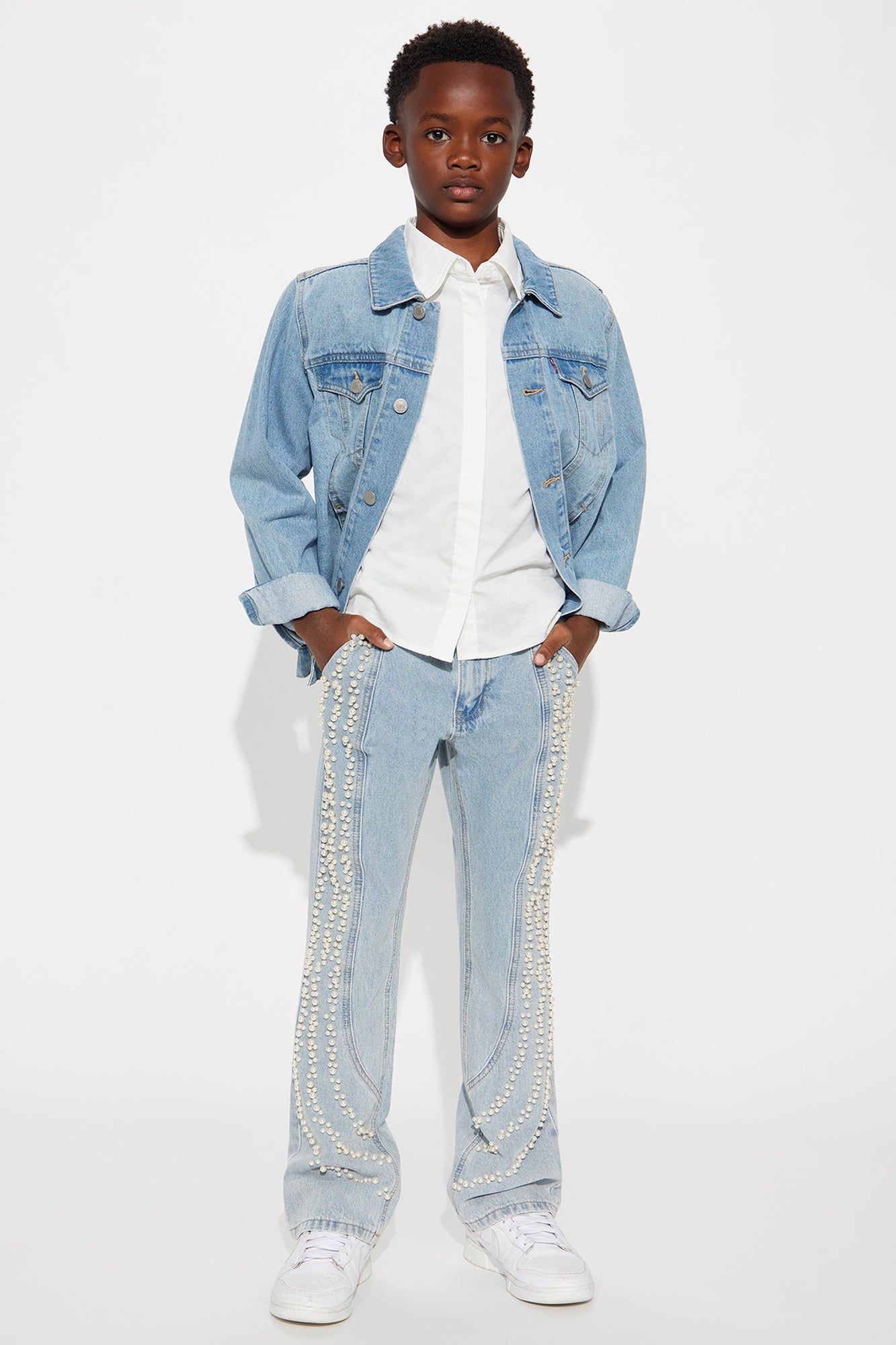 Mini Stacked Slim Flare Pearl Stripe Jean - Light Wash
