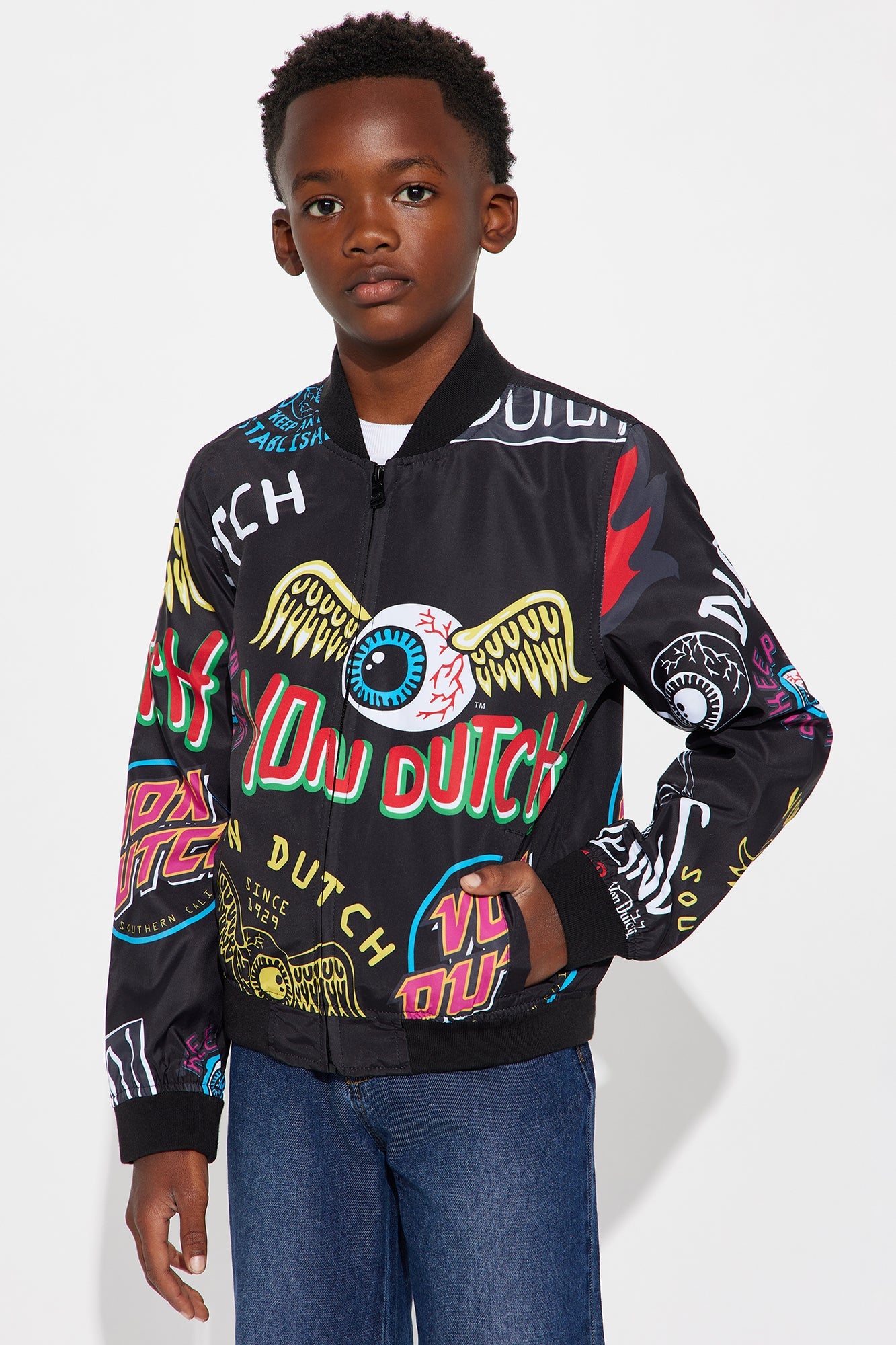 Mini Von Dutch All Over Icon Print Varsity Jacket - Black