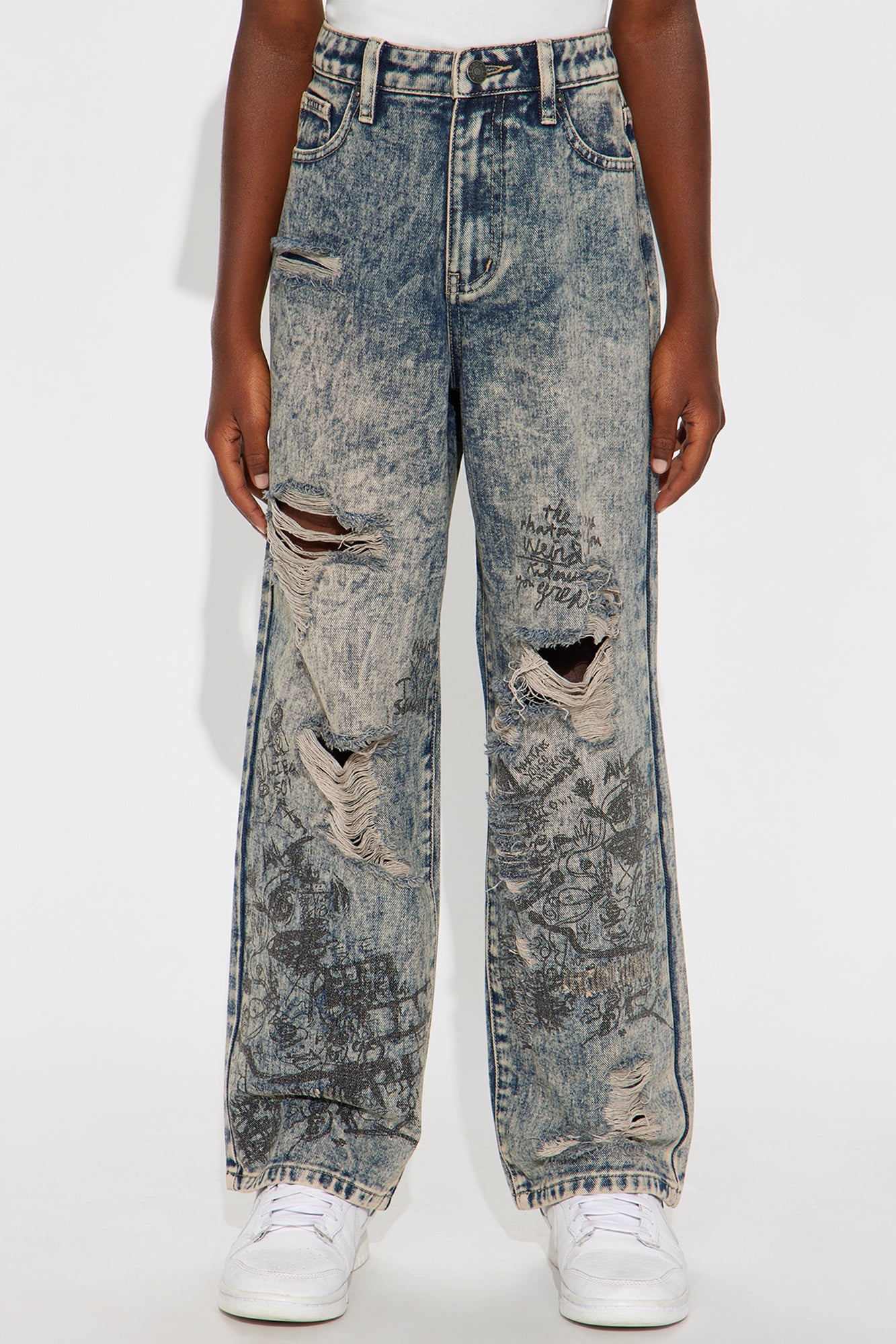 Mini Baggy Verbiage Distressed Jean - Vintage Blue Wash