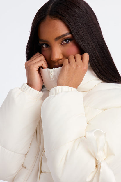 Coquette Touch Bow Puffer Jacket - Ivory