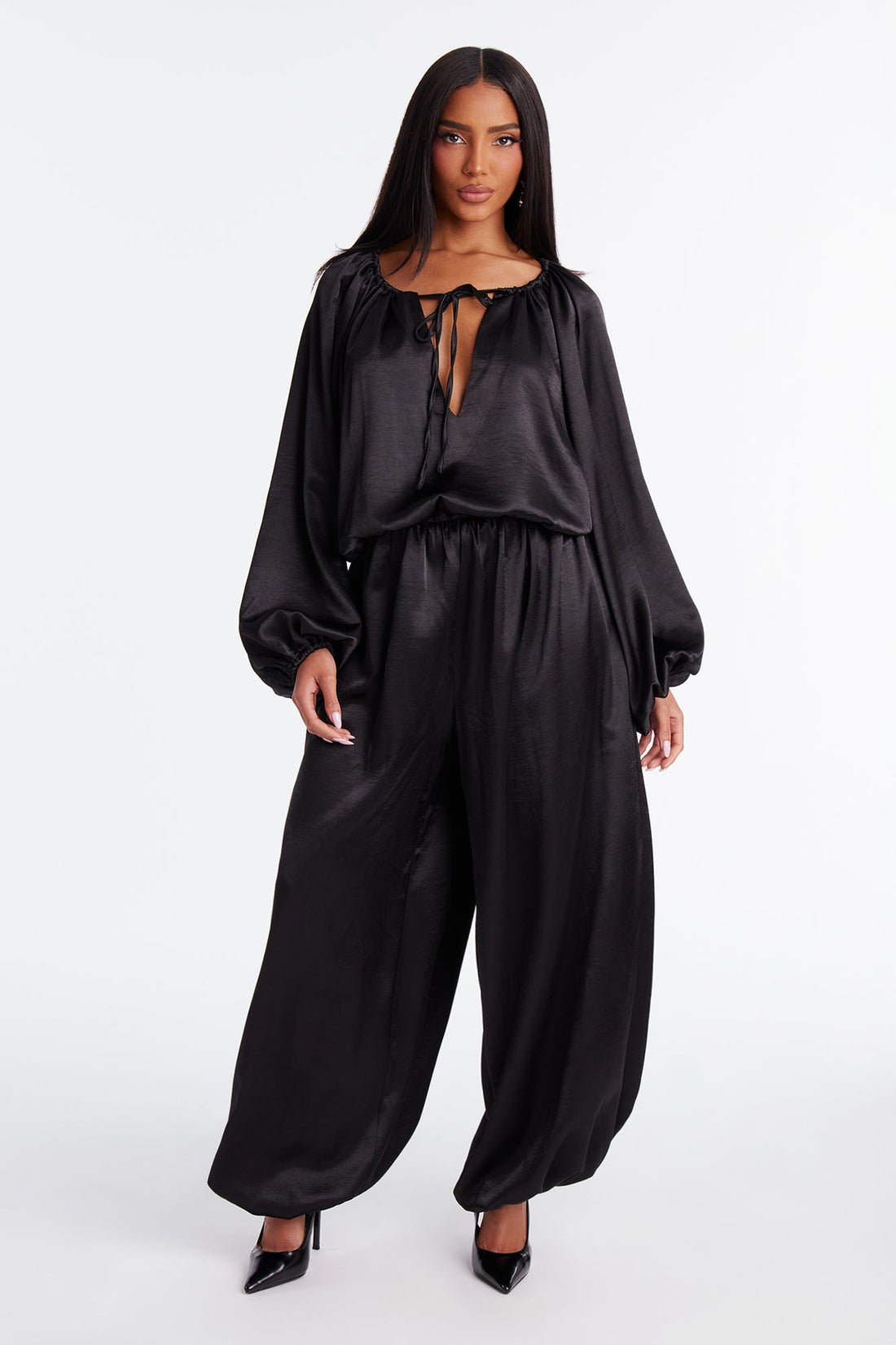Irene Satin Balloon Jumpsuit - Black