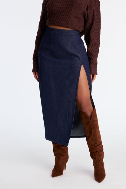 Iris Slit Denim Maxi Skirt - Rinse Blue Wash