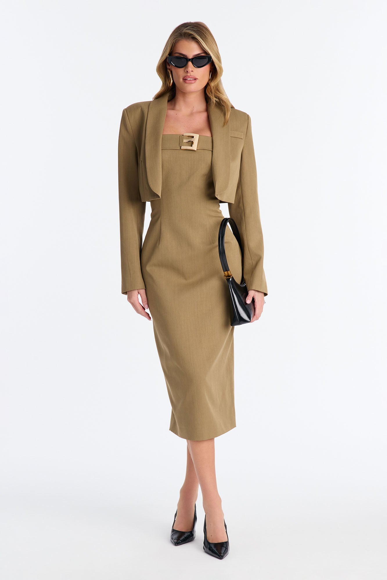 Suit Yourself Strapless Crepe Woven Midi Dress Set - Olive