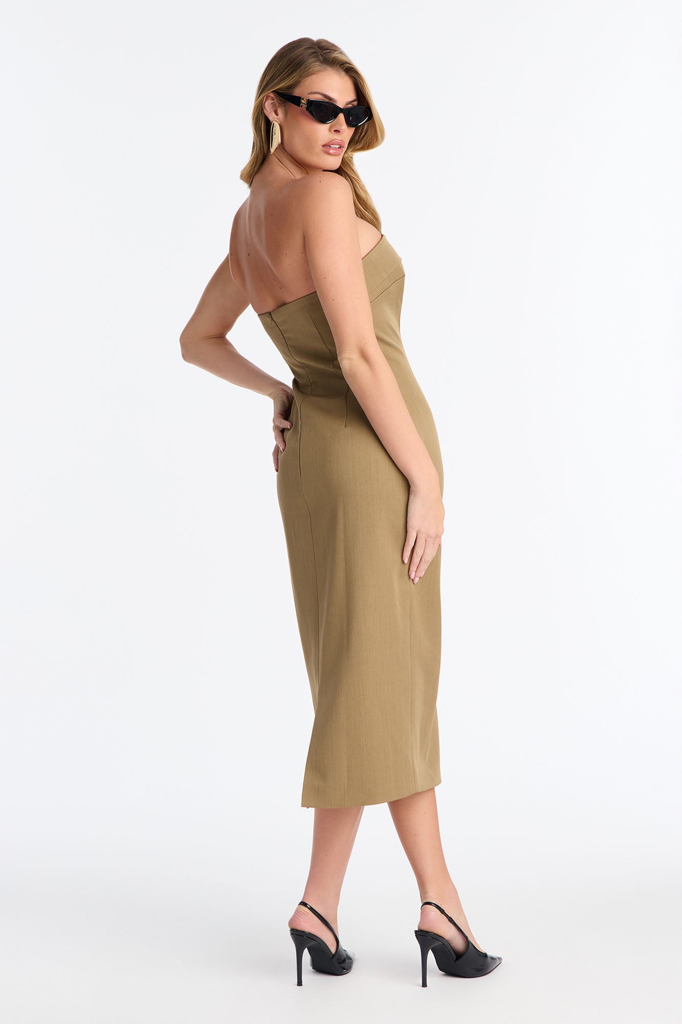 Suit Yourself Strapless Crepe Woven Midi Dress Set - Olive