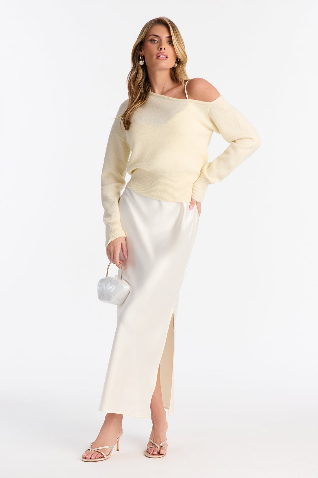 Warm Kiss Satin Sweater Maxi Dress Set - Cream