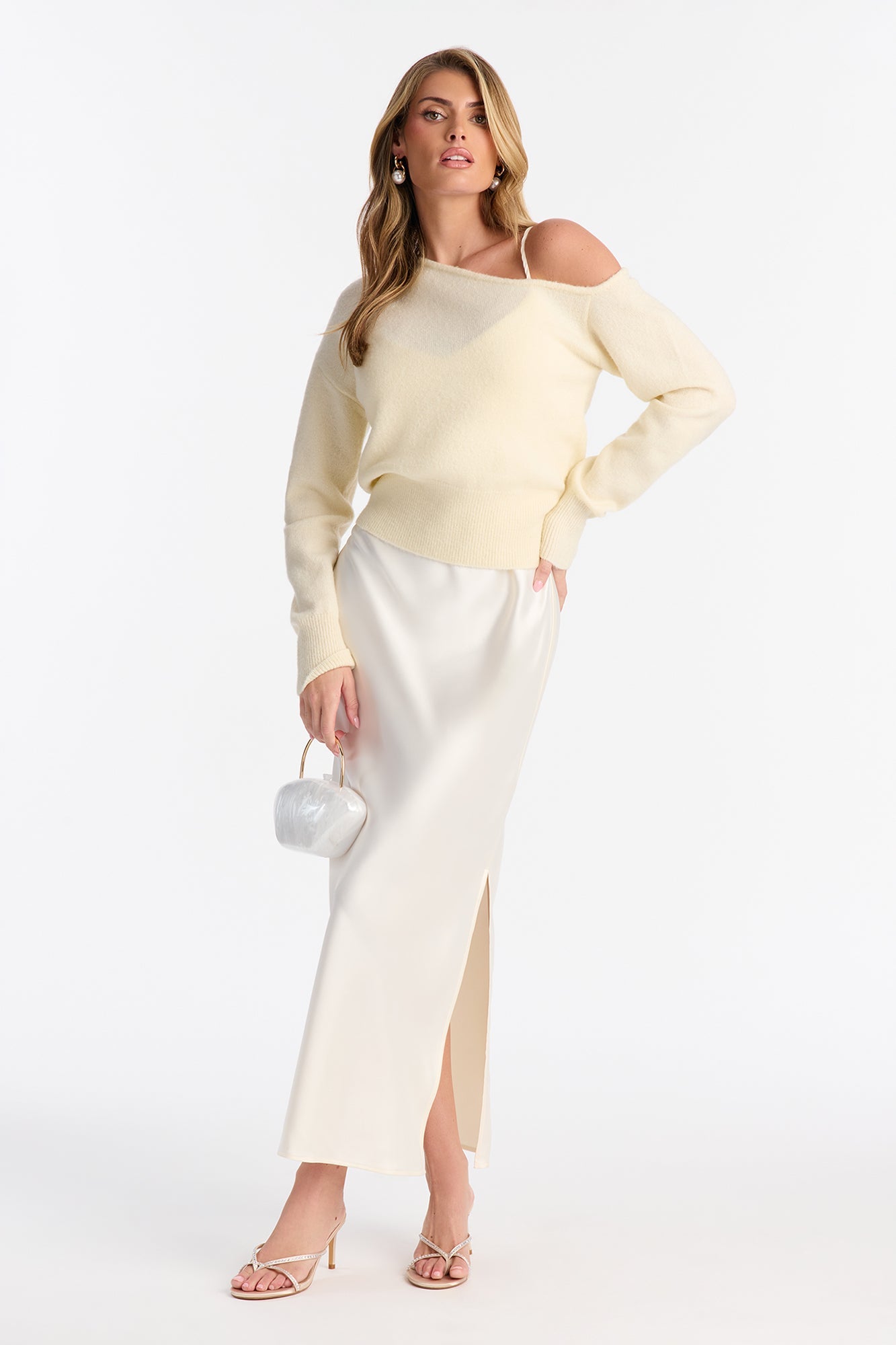 Warm Kiss Satin Sweater Maxi Dress Set - Cream