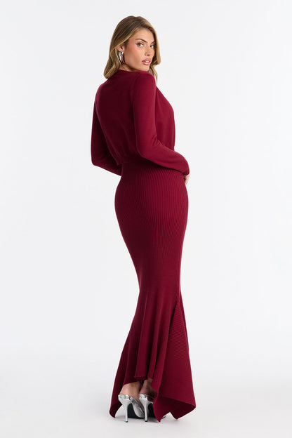Dazzle Me Ribbed Maxi Dress Set - Wine