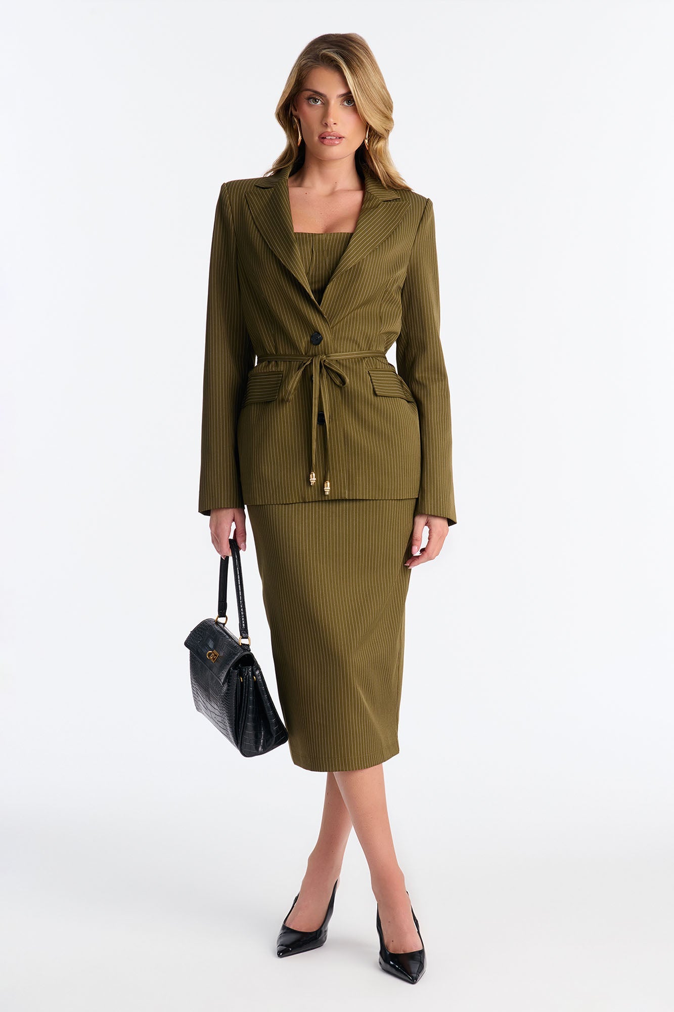 Piper Pinstripe Blazer &amp; Midi Dress Set - Olive