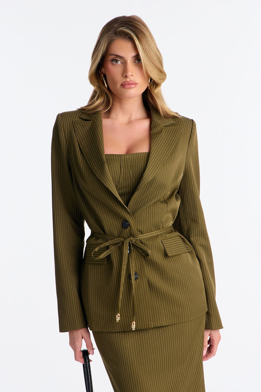 Piper Pinstripe Blazer &amp; Midi Dress Set - Olive