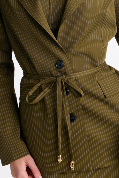 Piper Pinstripe Blazer &amp; Midi Dress Set - Olive