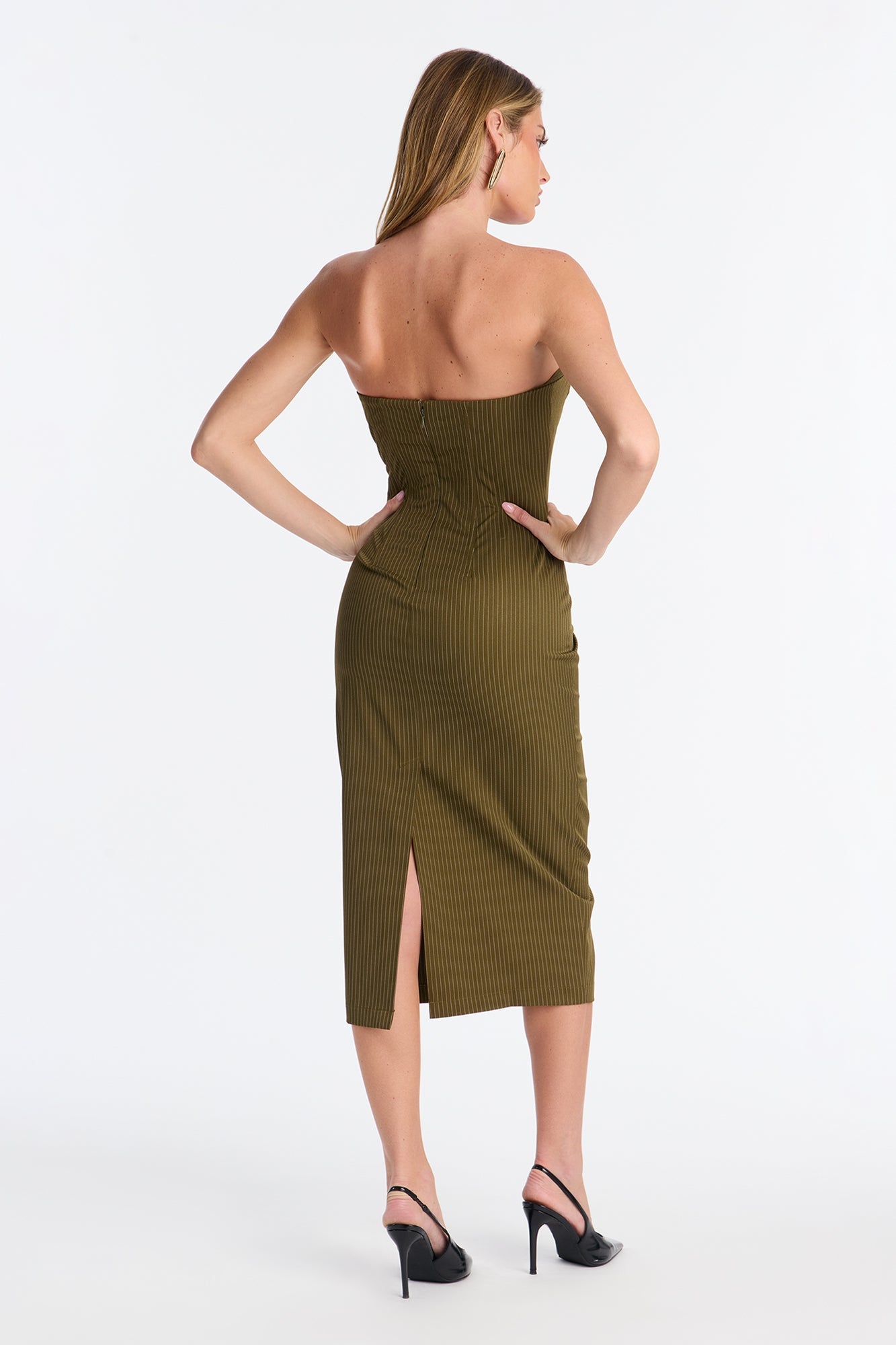 Piper Pinstripe Blazer &amp; Midi Dress Set - Olive