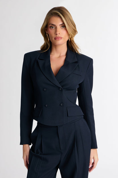 Lena Cinch Waist Blazer And Wide Leg Pant Set - Navy