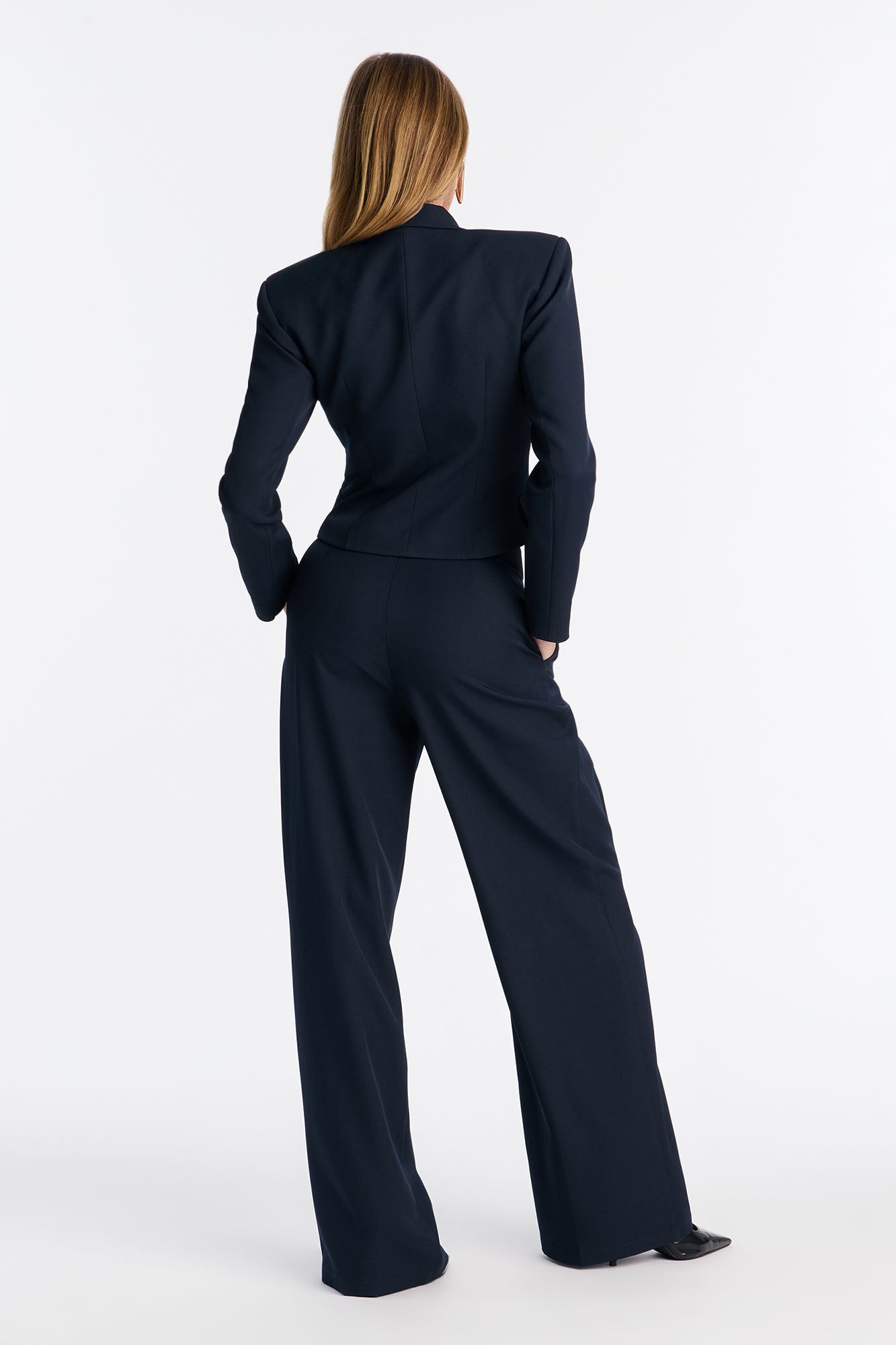 Lena Cinch Waist Blazer And Wide Leg Pant Set - Navy