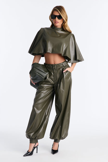 Aury Faux Leather Jogger Pant Set - Olive