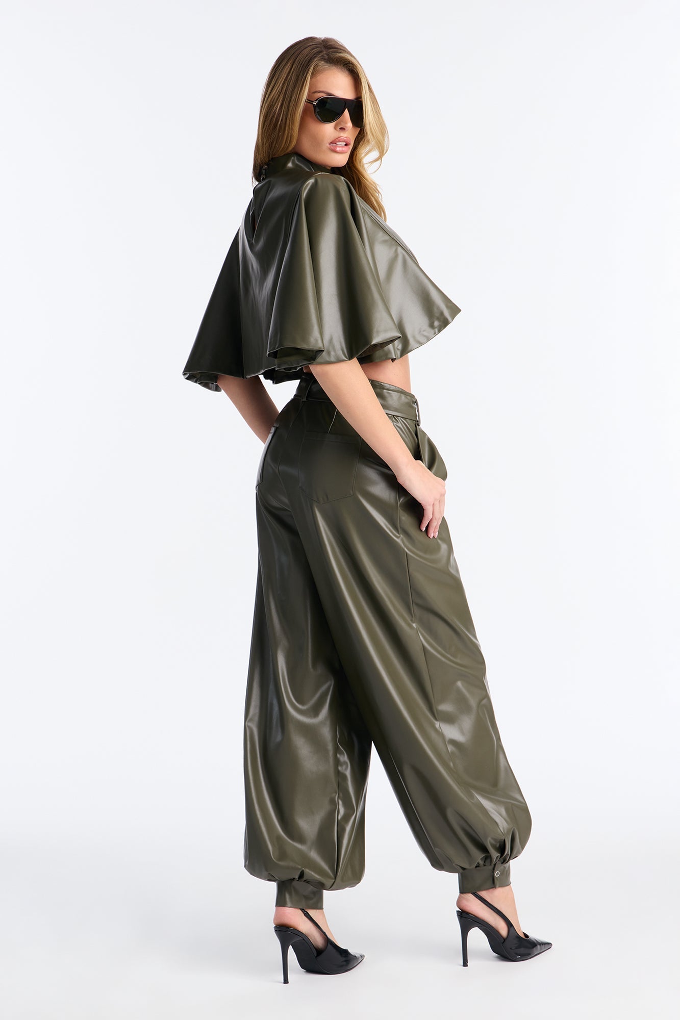 Aury Faux Leather Jogger Pant Set - Olive