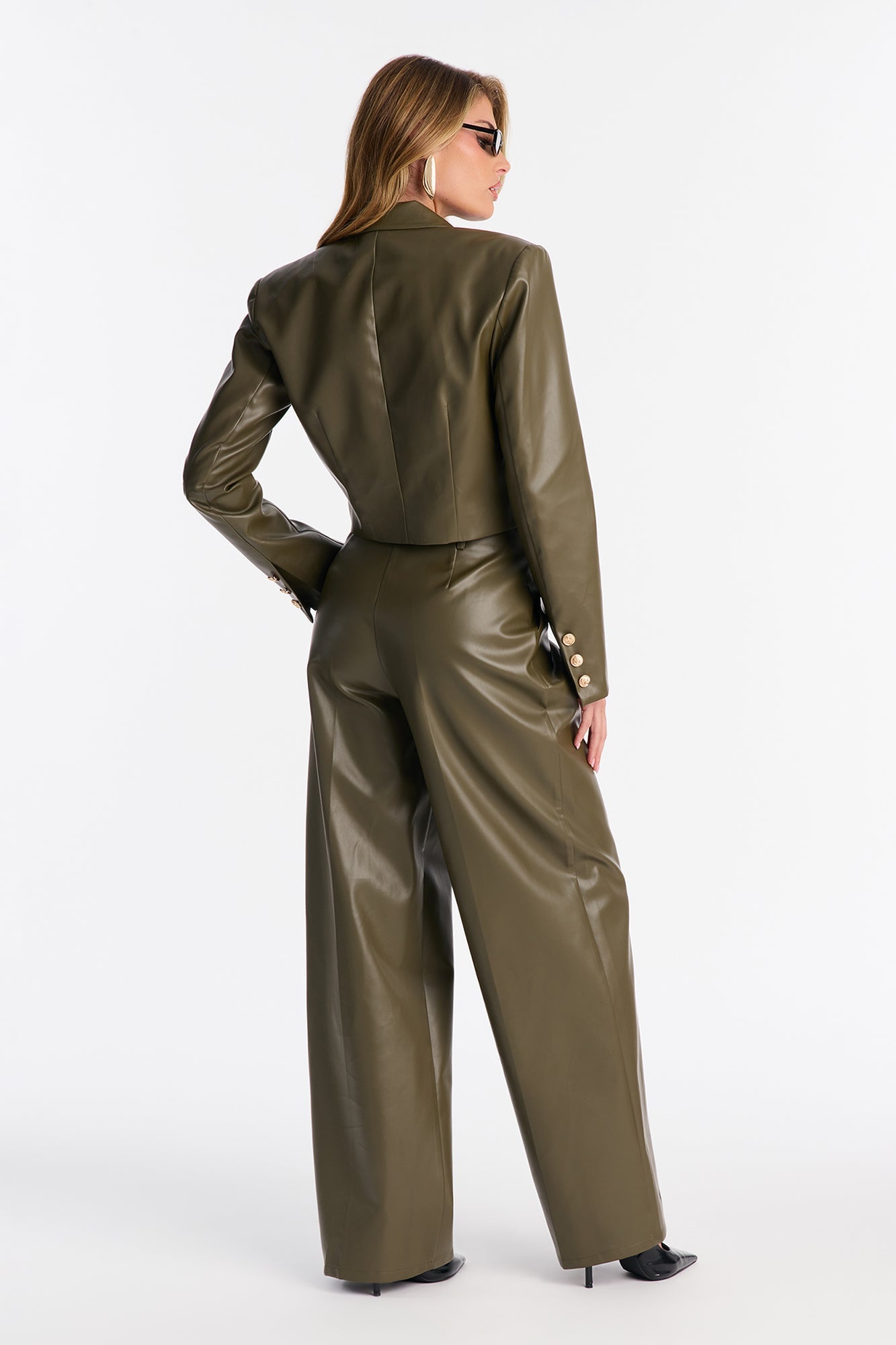 Darcy Faux Leather Blazer Pant Set - Olive