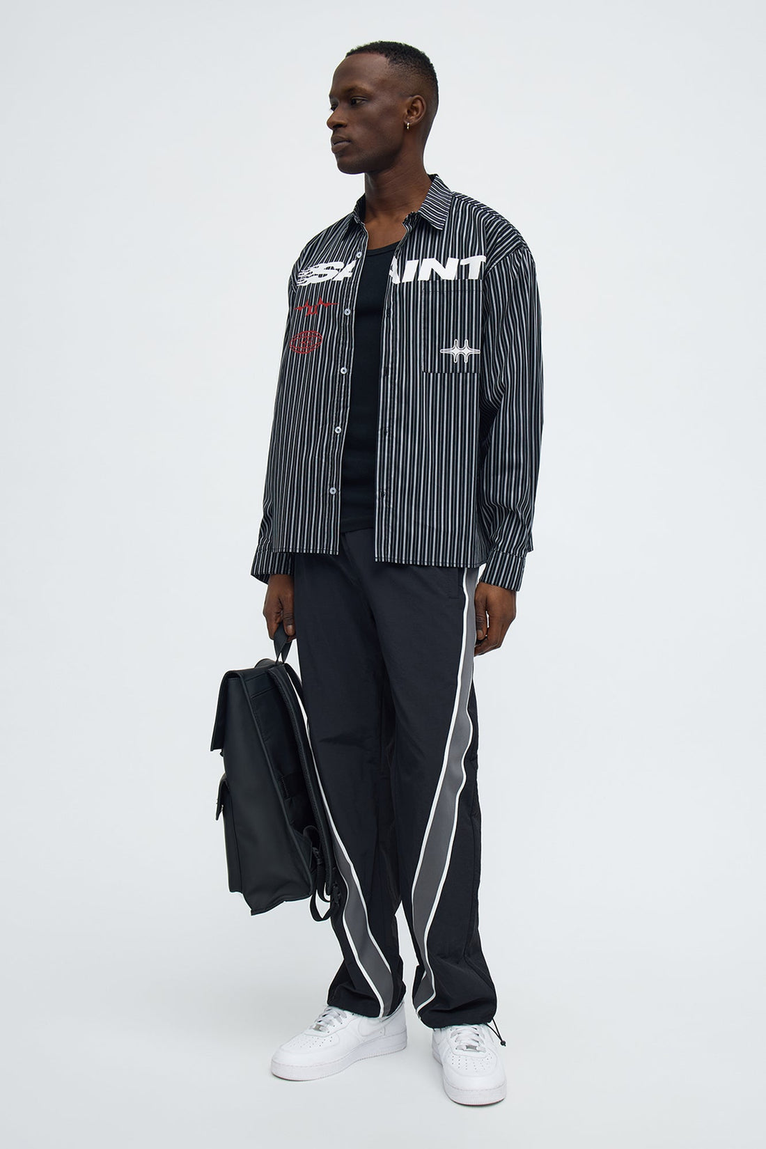 Cropped Pin Stripe Saint Button Up Shirt - Black