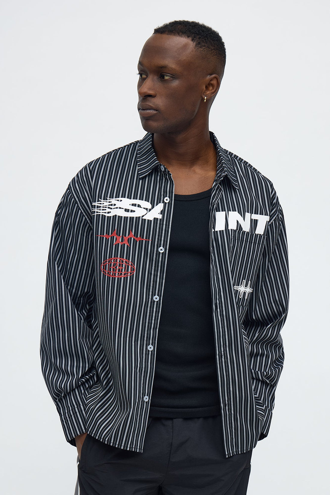 Cropped Pin Stripe Saint Button Up Shirt - Black