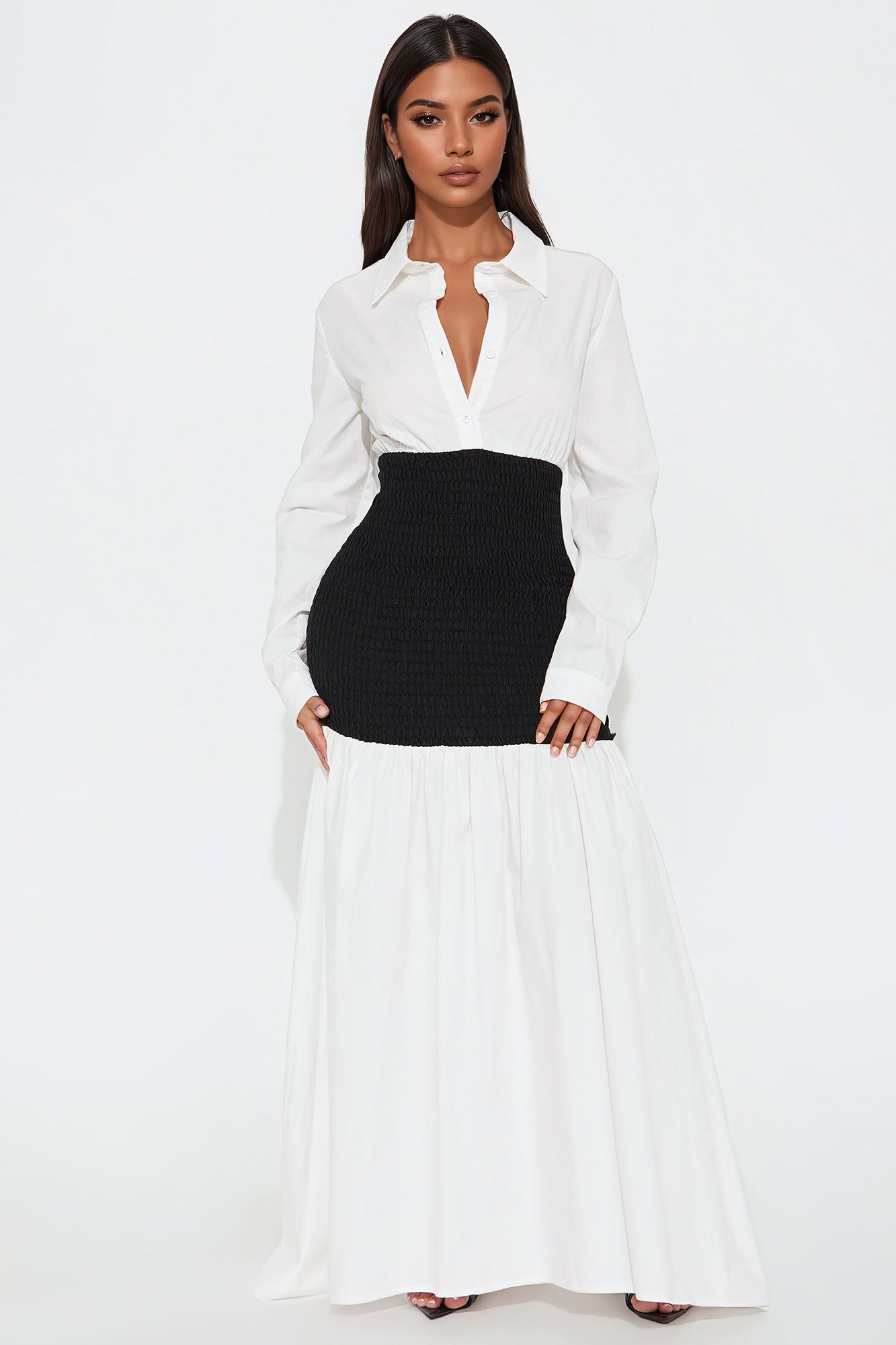 Olivia Smocked Maxi Shirt Dress - White/Black