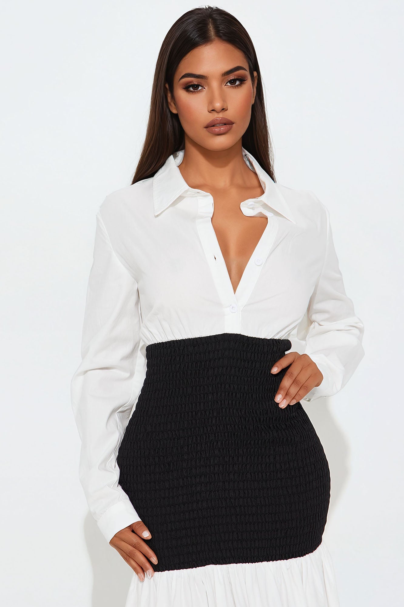 Olivia Smocked Maxi Shirt Dress - White/Black