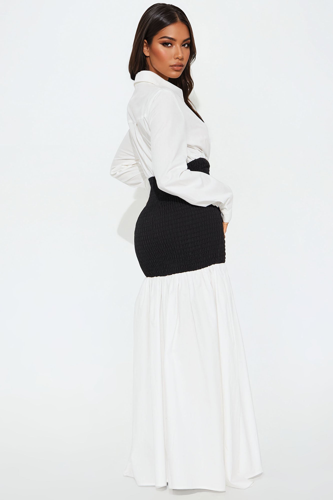 Olivia Smocked Maxi Shirt Dress - White/Black