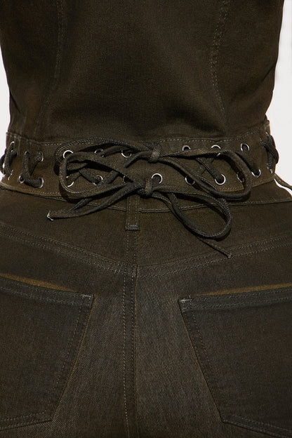 Take Notes Lace Up Stretch Denim Jacket - Olive