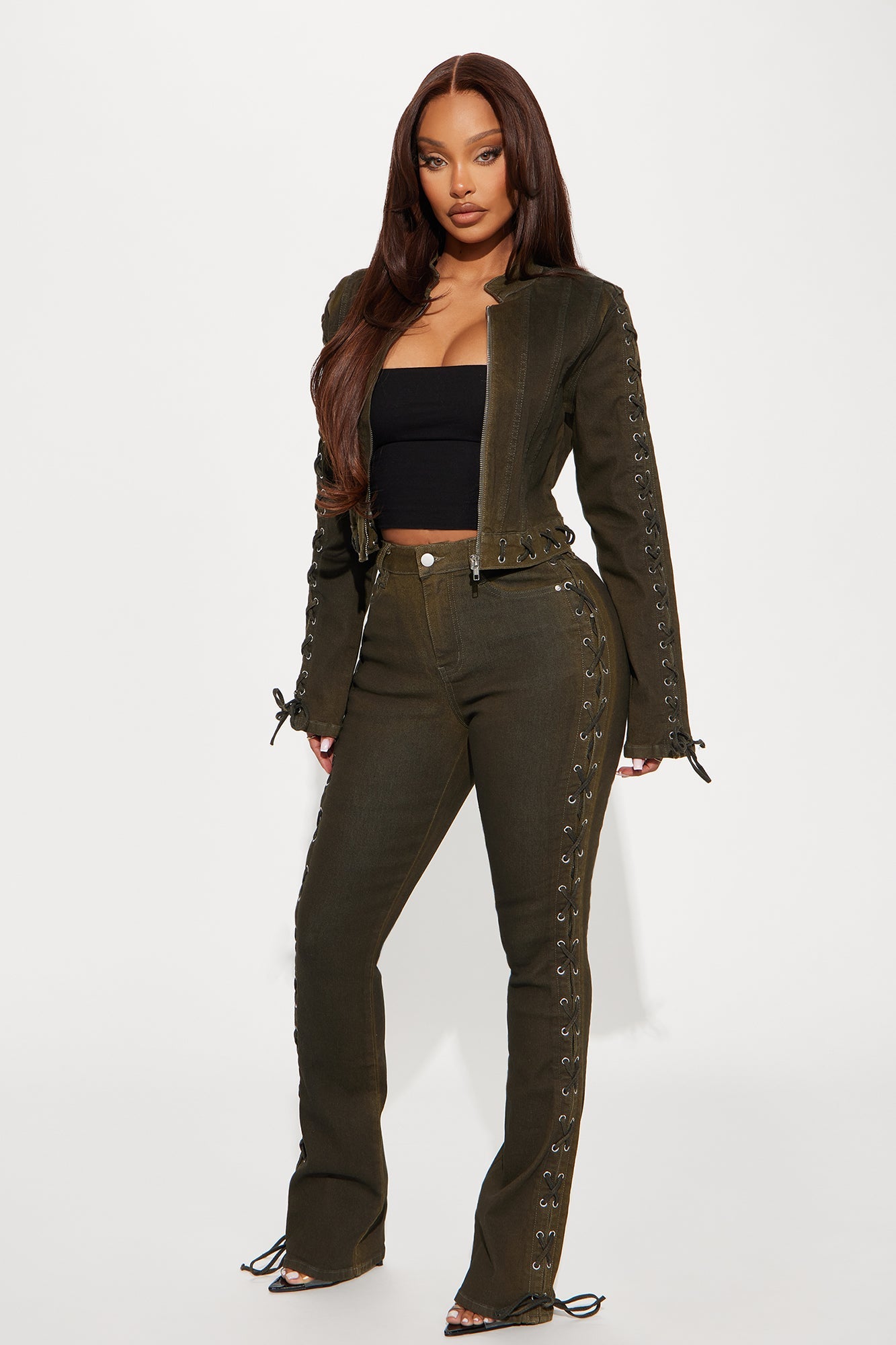 Take Notes Lace Up Stretch Bootcut Jeans - Olive