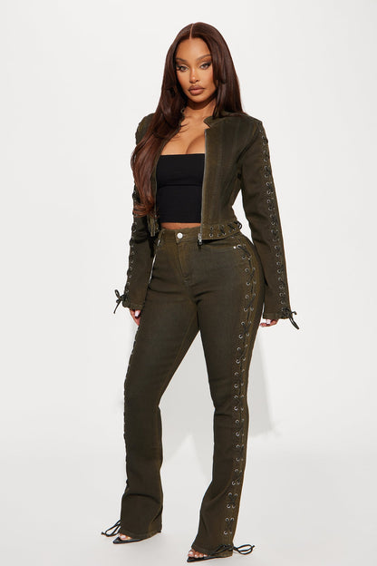 Take Notes Lace Up Stretch Bootcut Jeans - Olive