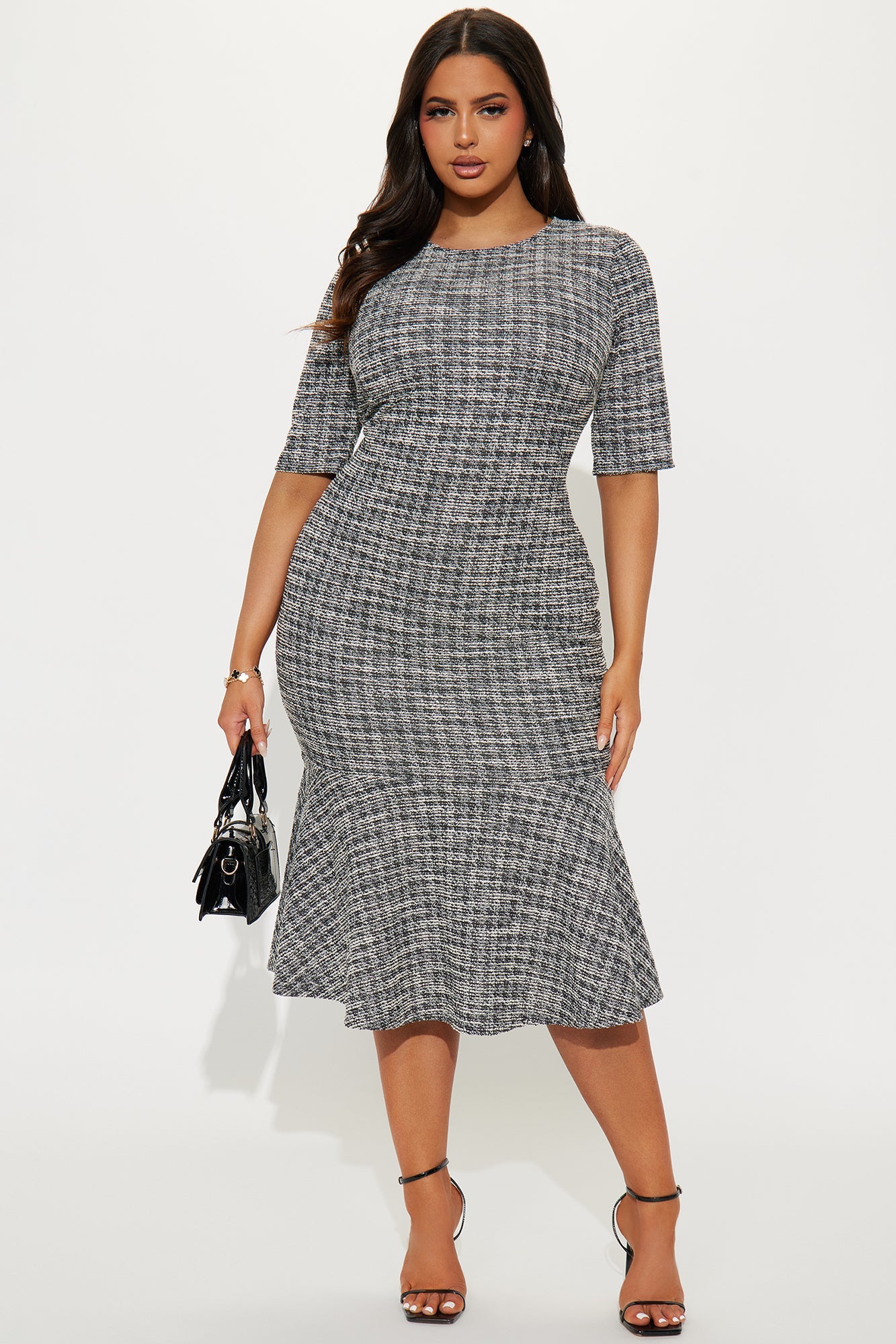 Cara Stretch Tweed Midi Dress - Black