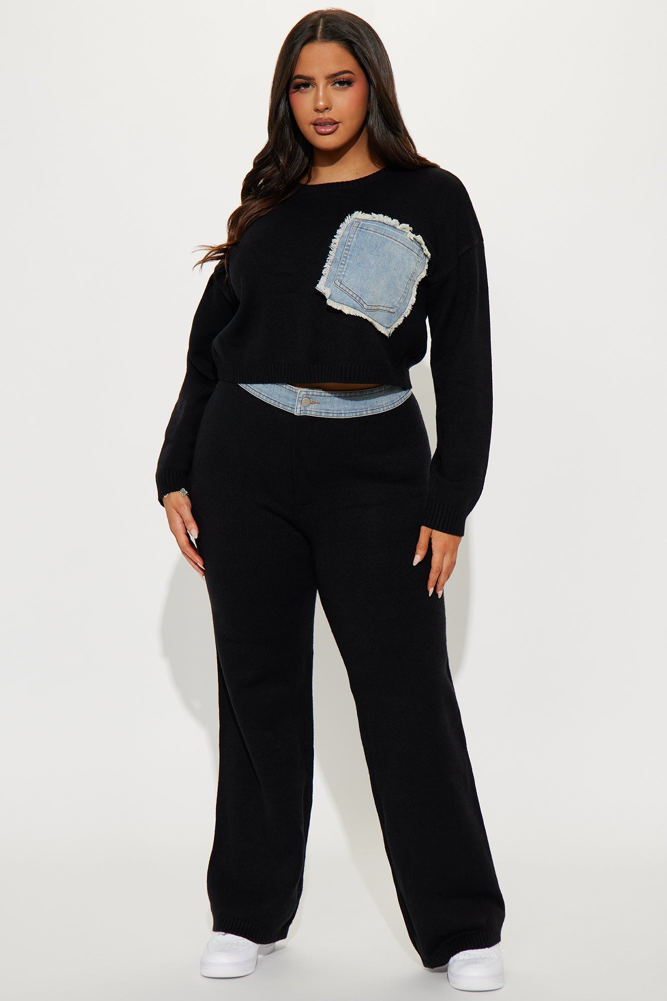 Melanie Mixed Sweater Pant Set - Black