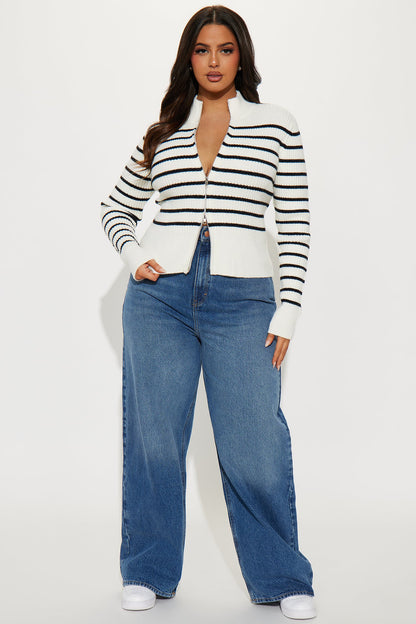 Holly Striped Front Zip Sweater - Ivory/combo