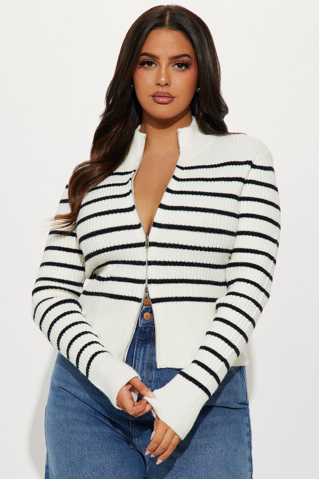 Holly Striped Front Zip Sweater - Ivory/combo