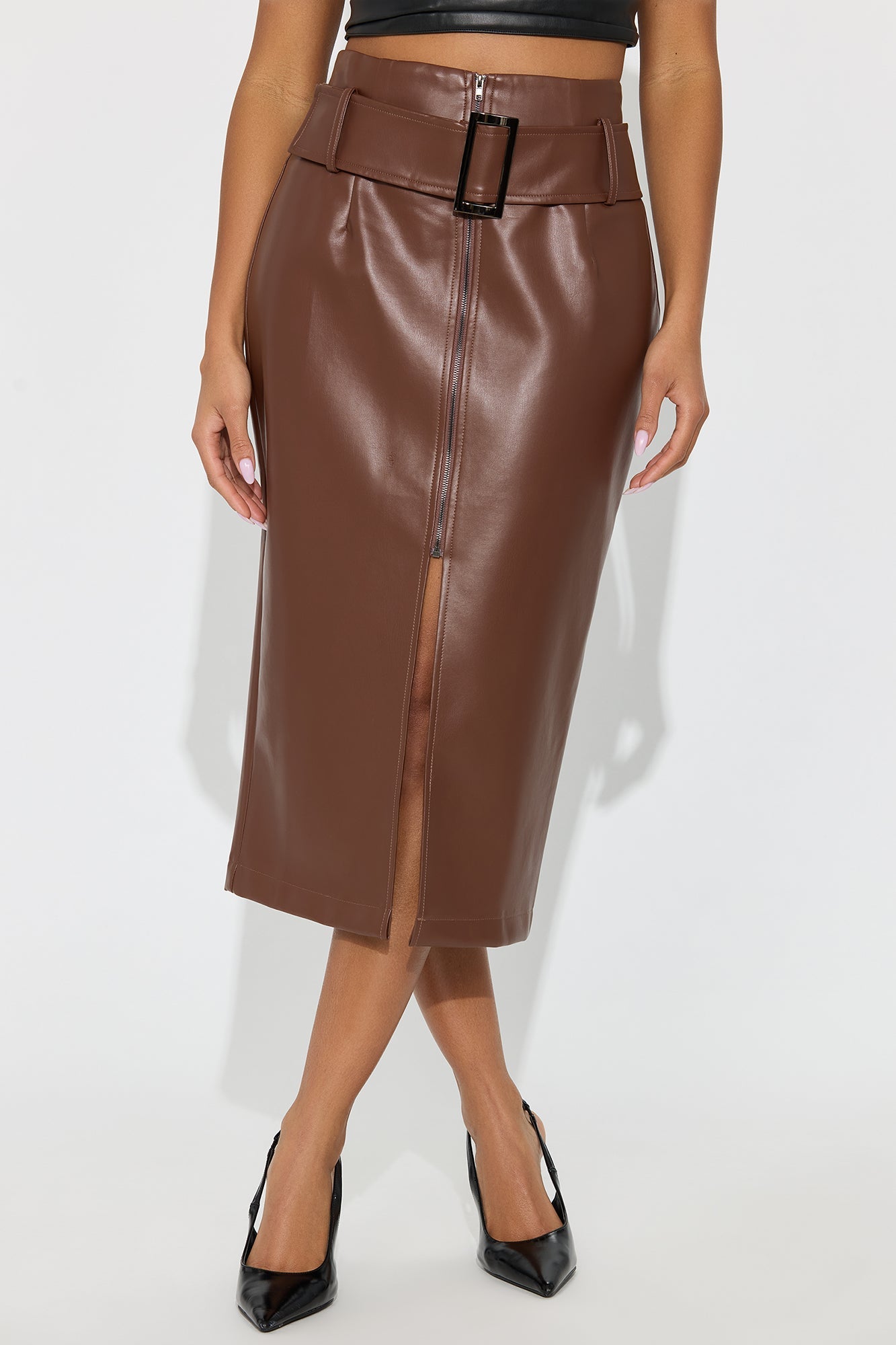 Play Fair Belted Zipper Faux Leather Pencil Skirt - Chocolate