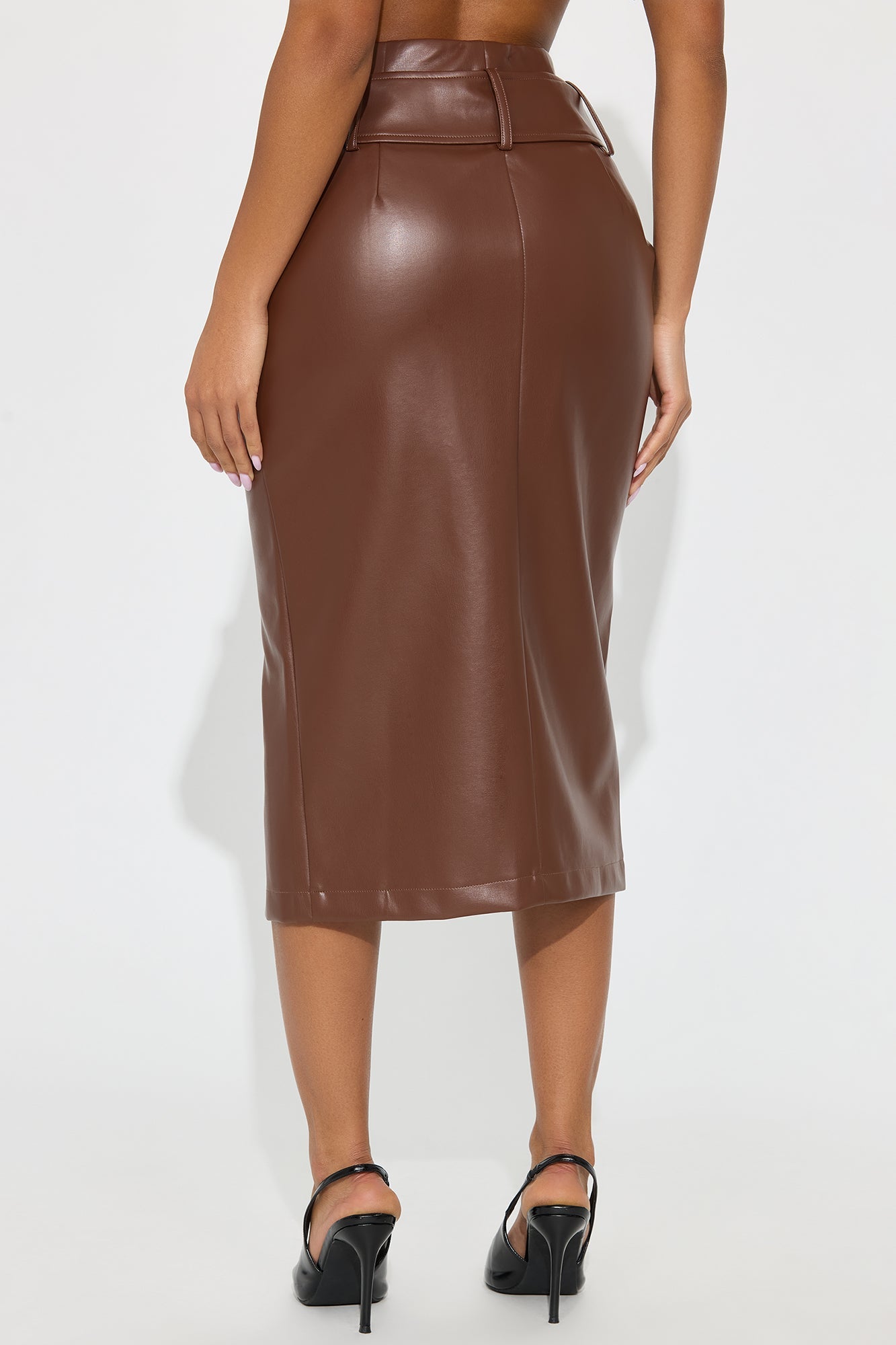 Play Fair Belted Zipper Faux Leather Pencil Skirt - Chocolate