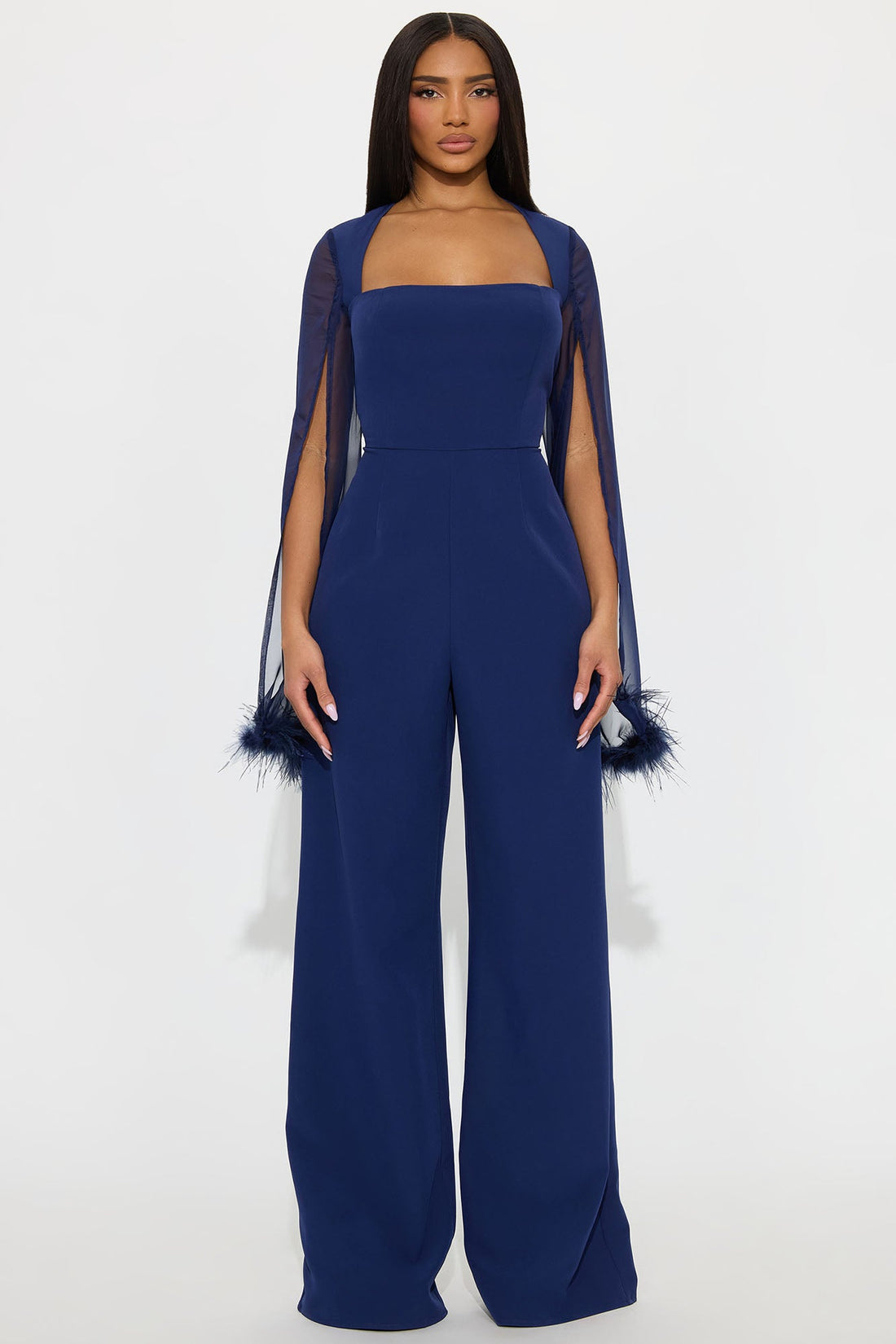 Elle Feather Trim Long Sleeve Wide Leg Jumpsuit - Navy