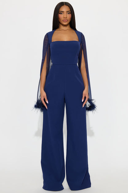 Elle Feather Trim Long Sleeve Wide Leg Jumpsuit - Navy