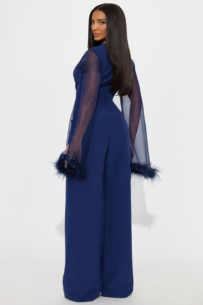 Elle Feather Trim Long Sleeve Wide Leg Jumpsuit - Navy