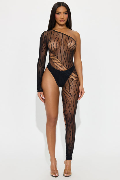 Cut Me Lace One Shoulder &amp; Leg Bodystocking - Black