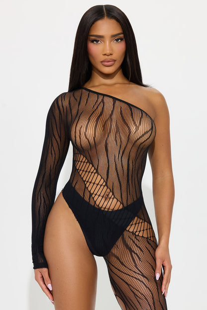 Cut Me Lace One Shoulder &amp; Leg Bodystocking - Black
