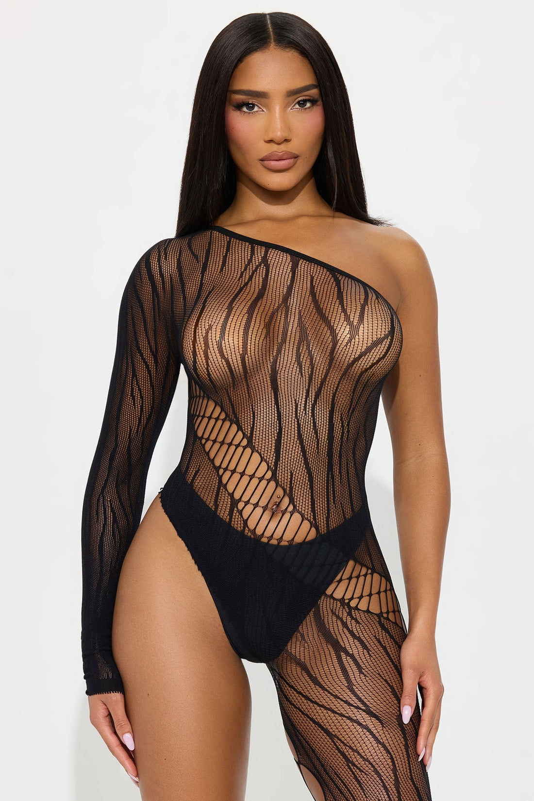 Cut Me Lace One Shoulder &amp; Leg Bodystocking - Black
