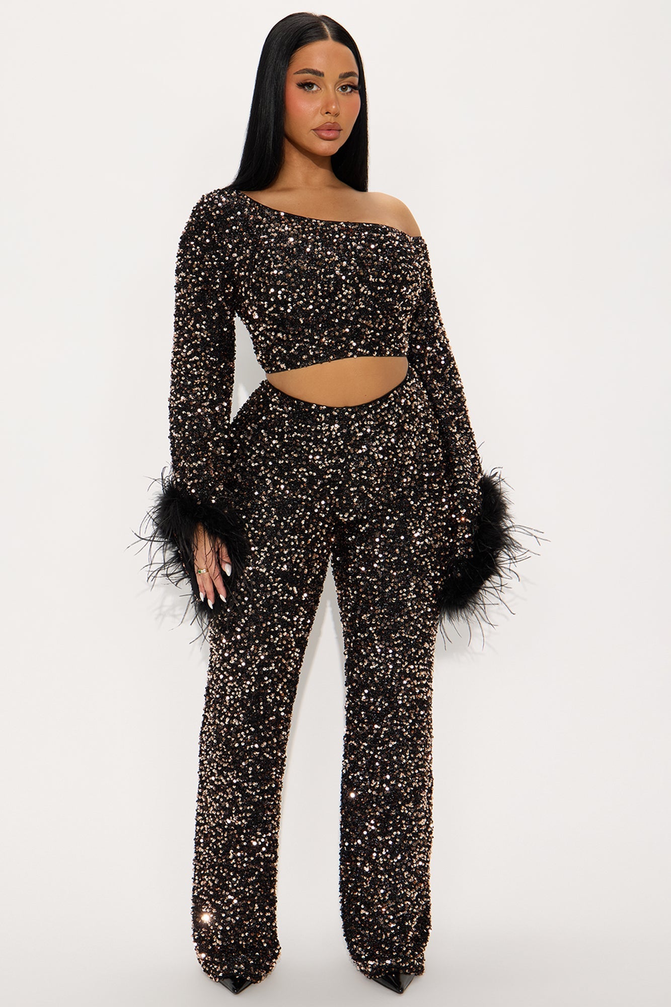 Shine All Night Feather Trim Sequin Pant Set - Chocolate