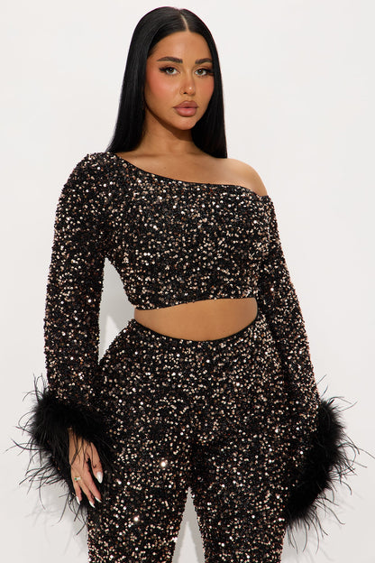 Shine All Night Feather Trim Sequin Pant Set - Chocolate