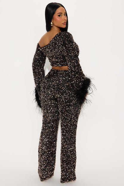 Shine All Night Feather Trim Sequin Pant Set - Chocolate